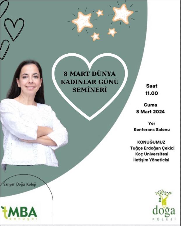 SARIYERDOGAA's tweet photo. Koç Üniversitesi İletişim Yöneticisi Tuğçe Erdoğan Çekici "8 Mart Dünya Kadınlar Günü" dolayısıyla öğrencilerimize günün önemi ile ilgili seminer verecektir.💐🌼#TMBA
@arzuozsu @Azrafraarzu1 @BetulErok @selcukdoga https://t.co/R3odMAXFj8