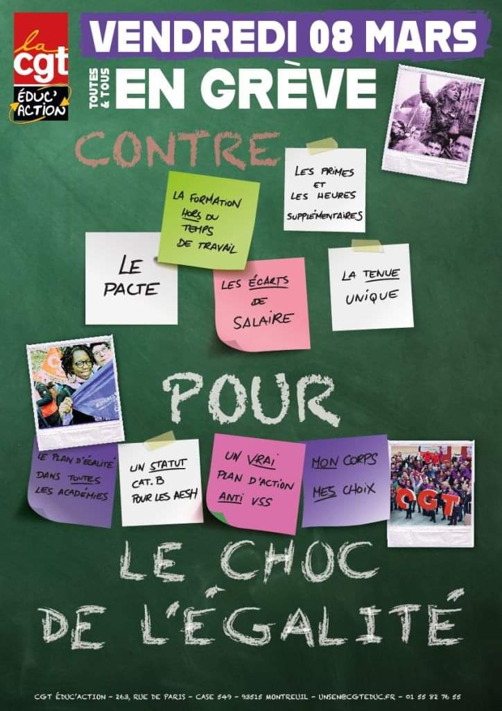 Aujourd'hui 8 mars journée de grève féministe pour obtenir l'égalité des droits dans tous les domaines. Soyons nombreux et nombreuses à rejoindre les innombrables initiatives de la CGT partout sur le territoire.