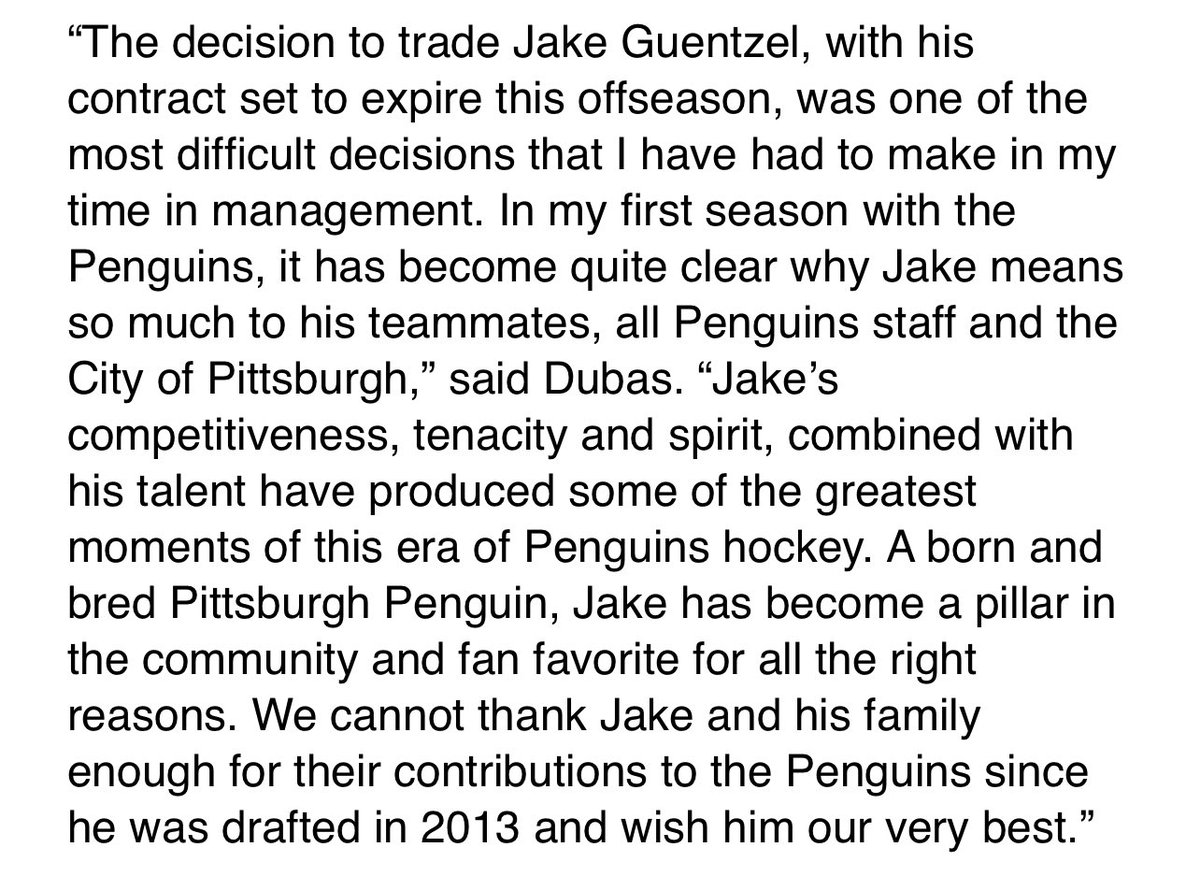 PensInsideScoop's tweet photo. Kyle Dubas called the decision to trade Jake Guentzel “one of the most difficult decisions that I have had to make in my time in management.” Full quote from Pittsburgh’s President of Hockey Operations and GM: https://t.co/aGly5ERx3N