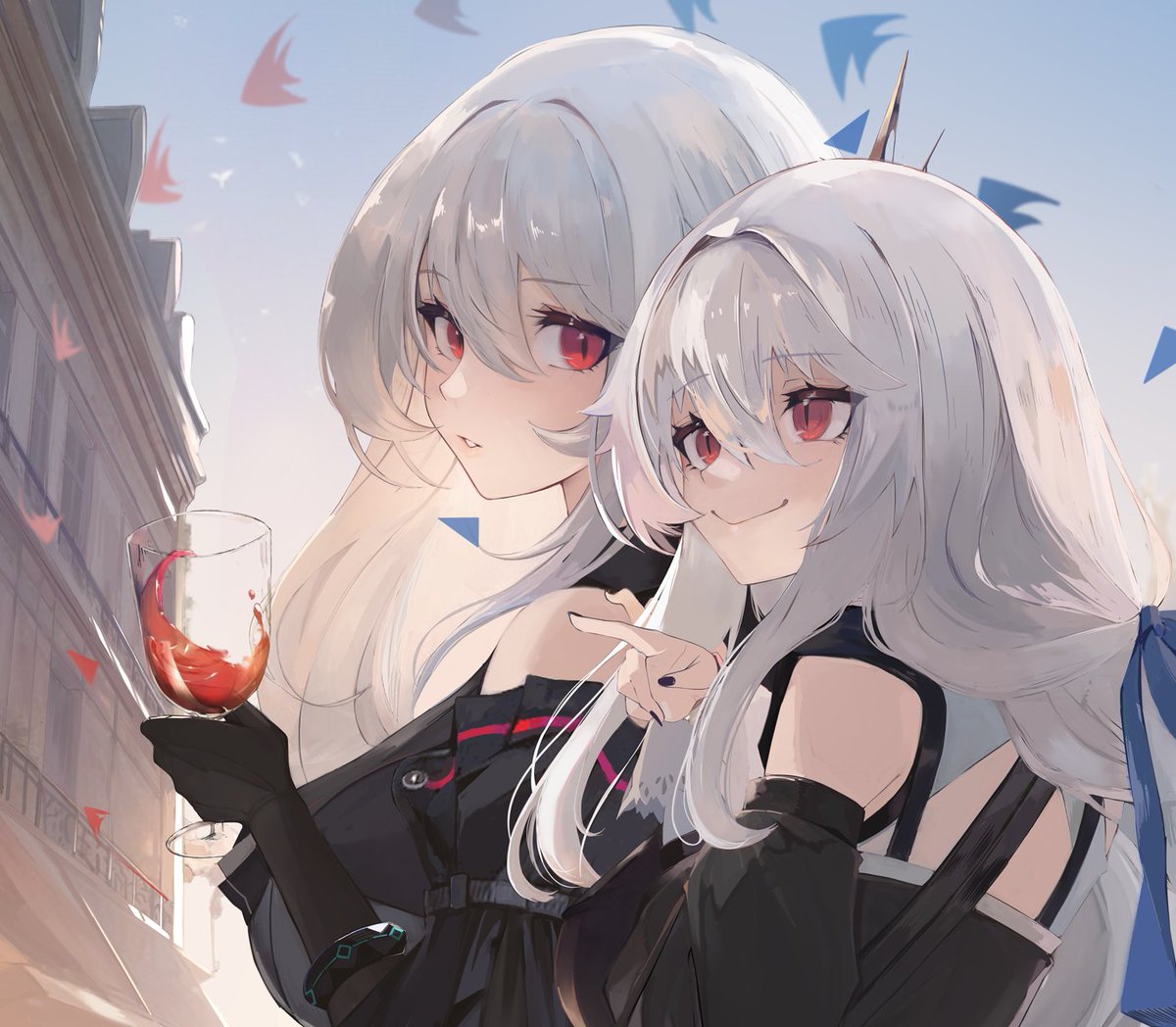 skadi (arknights) ,specter (arknights) multiple girls red eyes 2girls cup holding wine glass drinking glass  illustration images