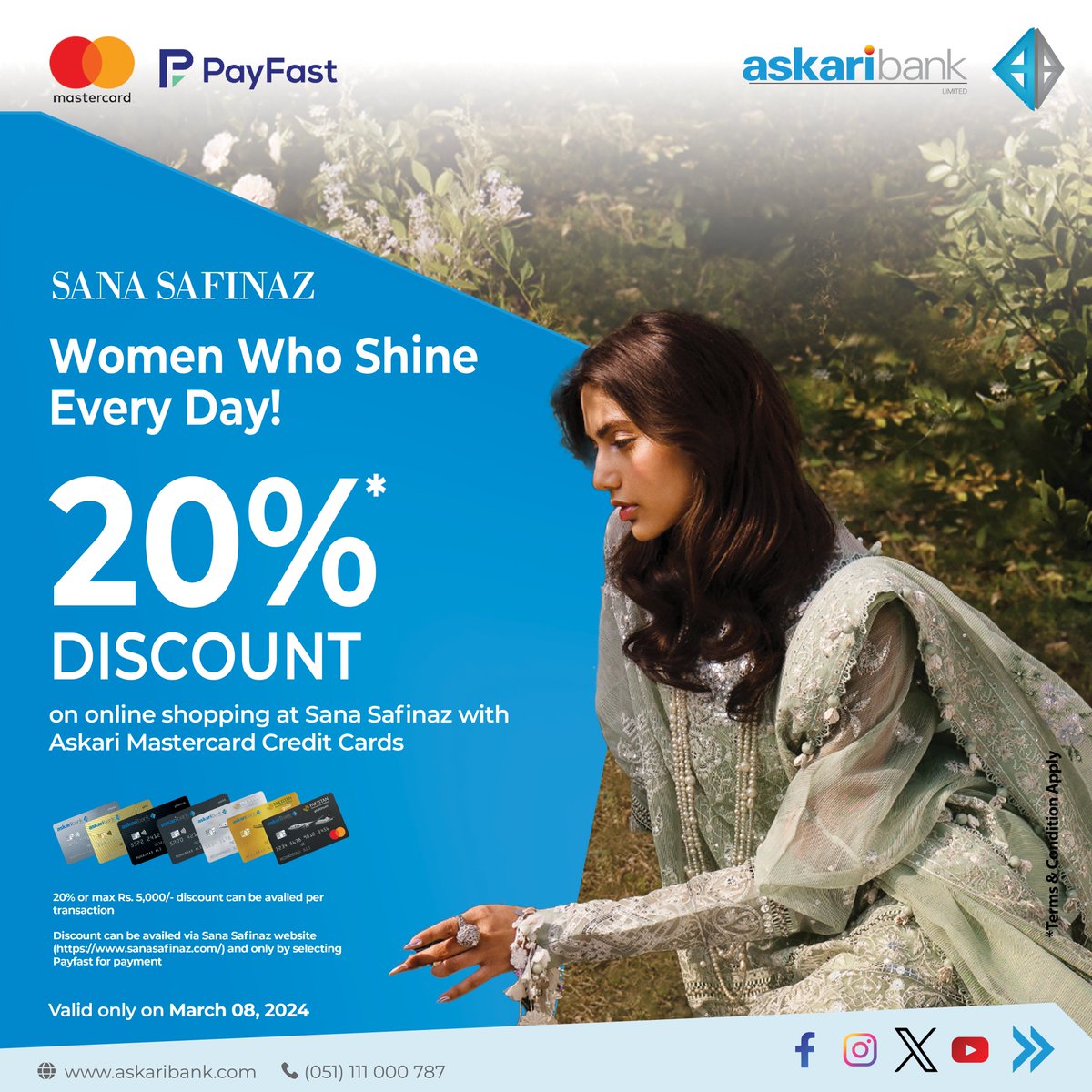 Celebrate the women who inspires you with a touch of elegance from Sana Safinaz! ✨Enjoy 20% Discount your online shopping at Sana Safinaz on International Women's Day (March 8th, 2024) when you pay with your Askari Mastercard Credit Card. #askaribank #InternationalWomensDay