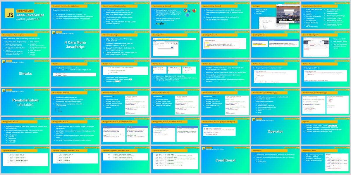 iszuddin's tweet image. Sebenarnya saya ada Kursus Asas JavaScript dengan 130 slides, 18 video dan 3 jam 40 minit tempoh tontonan dalam bahasa Melayu...
Percuma je.
Mahukah?