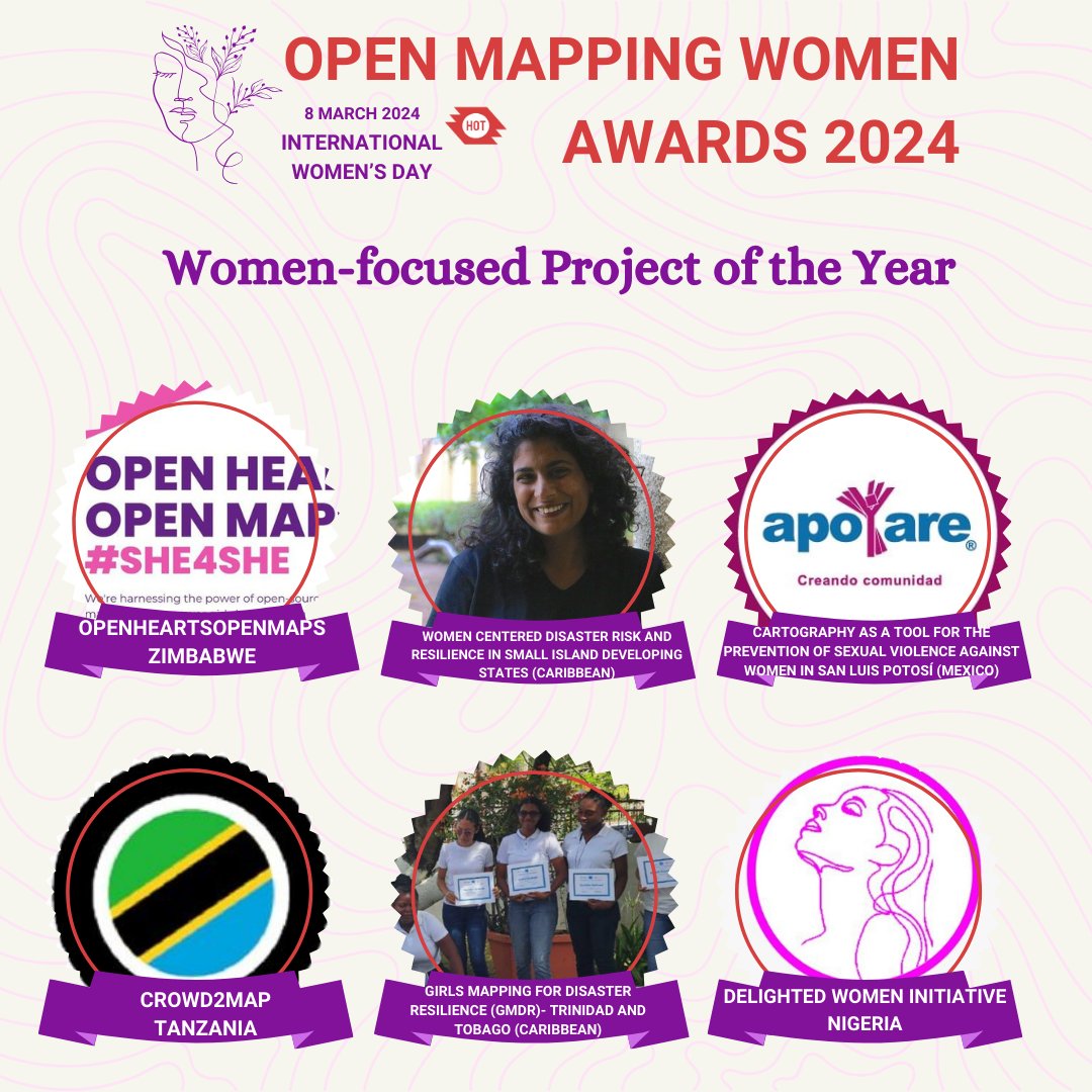 hotosm's tweet image. 2/6 #IWD2024 #OpenMappingWomenAwards2024! 💜

🥇category: Woman-focused Projects of the Year 🗺

An initiative focused on empowering women in #openmapping #Openstreetmap #FOSS4G and/or community-building.

Mention a project that #inspireinclusion👇