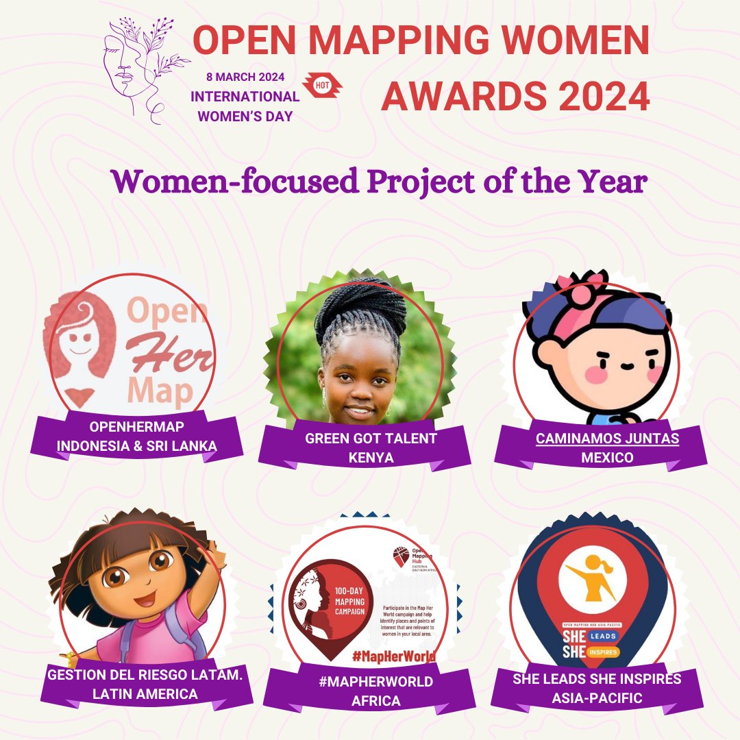 hotosm's tweet image. 2/6 #IWD2024 #OpenMappingWomenAwards2024! 💜

🥇category: Woman-focused Projects of the Year 🗺

An initiative focused on empowering women in #openmapping #Openstreetmap #FOSS4G and/or community-building.

Mention a project that #inspireinclusion👇