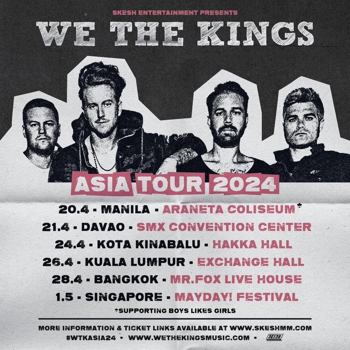 Catch @WeTheKings touring throughout Asia this April/May! Tickets on sale for Manila, Singapore! The rest will be on sale 16th March at 12pm (local time). See you there! #WeTheKings #WTKAsia24 #SkeshEntertainment