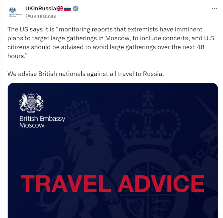 breakinglv's tweet image. 🇷🇺 ASV un Apvienotās Karalistes vēstniecības krievijā brīdina savus pilsoņus valstī par iespējamo terora aktu Maskavā. Par teroristu mērķi var kļūt liela skaita cilvēku pulcēšanas vietas, ieskaitot koncertus.
#Maskava #krievija