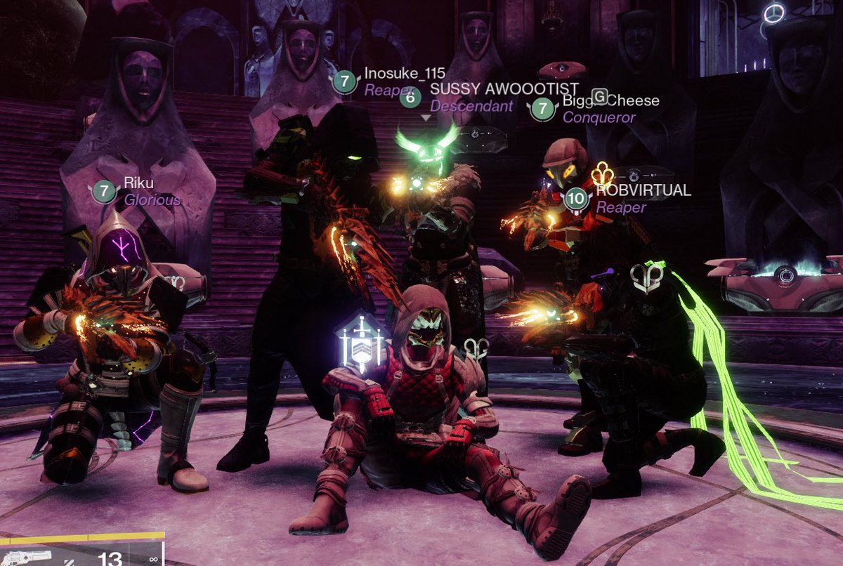 saigesrage's tweet photo. Just did an all hunter last wish raid in destiny 2, so we could get more loot and points for the guardian games (as you can see, all five standing behind me got the exotic, I was the only one who did not get it 😢) it was fun, but I think imma stick to my warlock for now 😂 https://t.co/NYvxIHP1cu