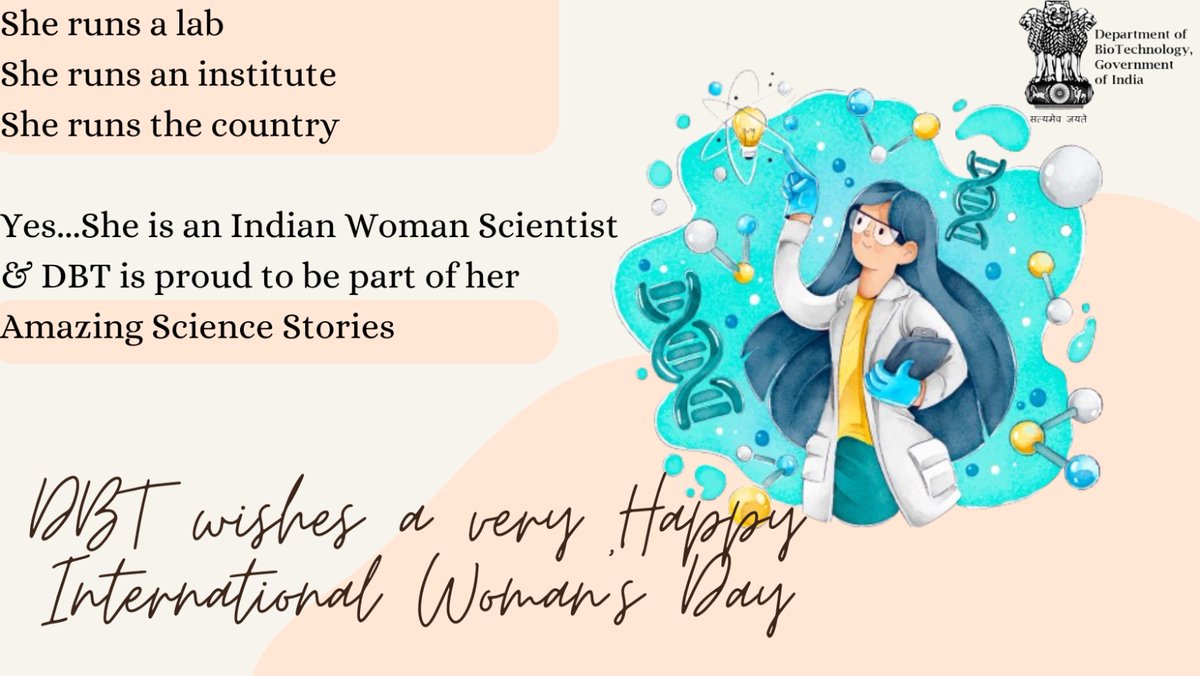 @DBTIndia wishes a very Happy Woman's Day to the torchbearers who are weaving the fabric of Indian Science. 
#InternationalWomensDay2024 
 #SheInventsTomorrow  

@DrJitendraSingh @rajesh_gokhale