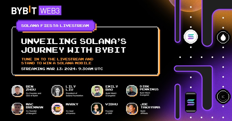 Bybit_Official's tweet photo. 🚨 SAVE THE DATE: 13 MAR, 9:30am UTC, Solana Fiesta Livestream

Tune In &amp; Stand to Win a Solana Mobile!

Hear from:
1️⃣ @Benbybit, CEO of Bybit, 
2️⃣ @calilyiu, President of Solana Foundation, 
3️⃣ @TakayamaJoe, @mrgnalt, @trader_marky, @vibhu

#BybitWeb3 #TheCryptoArk #SolanaFiesta