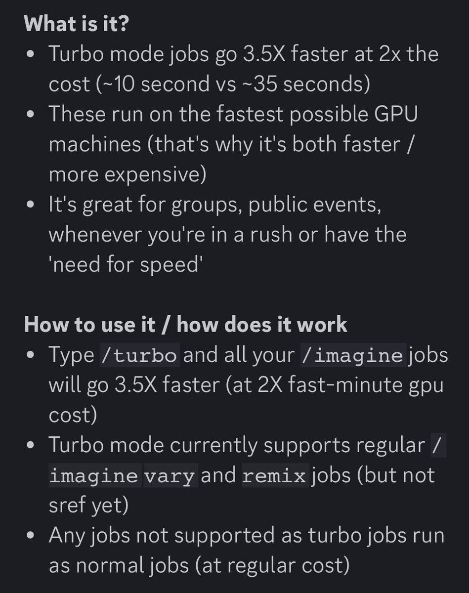 samaleksandrov's tweet image. Good morning carbon and silicon-based #GenerativeAl beings :)

Next to /describe, MJ announced that v6 now also has the turbo mode! Pretty good price-speed ratio, especially if you’re in a rush! 

One note - sref is still unsupported while in turbo mode!

#midjourneyartwork
