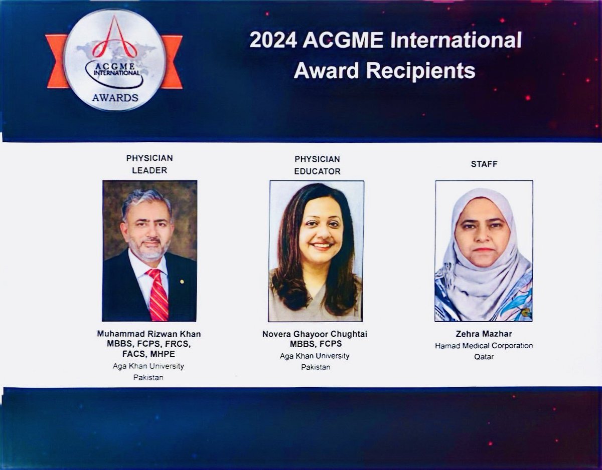 Congratulations to our very own Dr Novera Chughtai & @doctorrizkhan upon receiving 2024 @acgme International Award for @AKUGlobal. #AKU #PGME #ACGME #ACGME2024 #AKUH #AKUMC #WomensDay2024 #obgyn