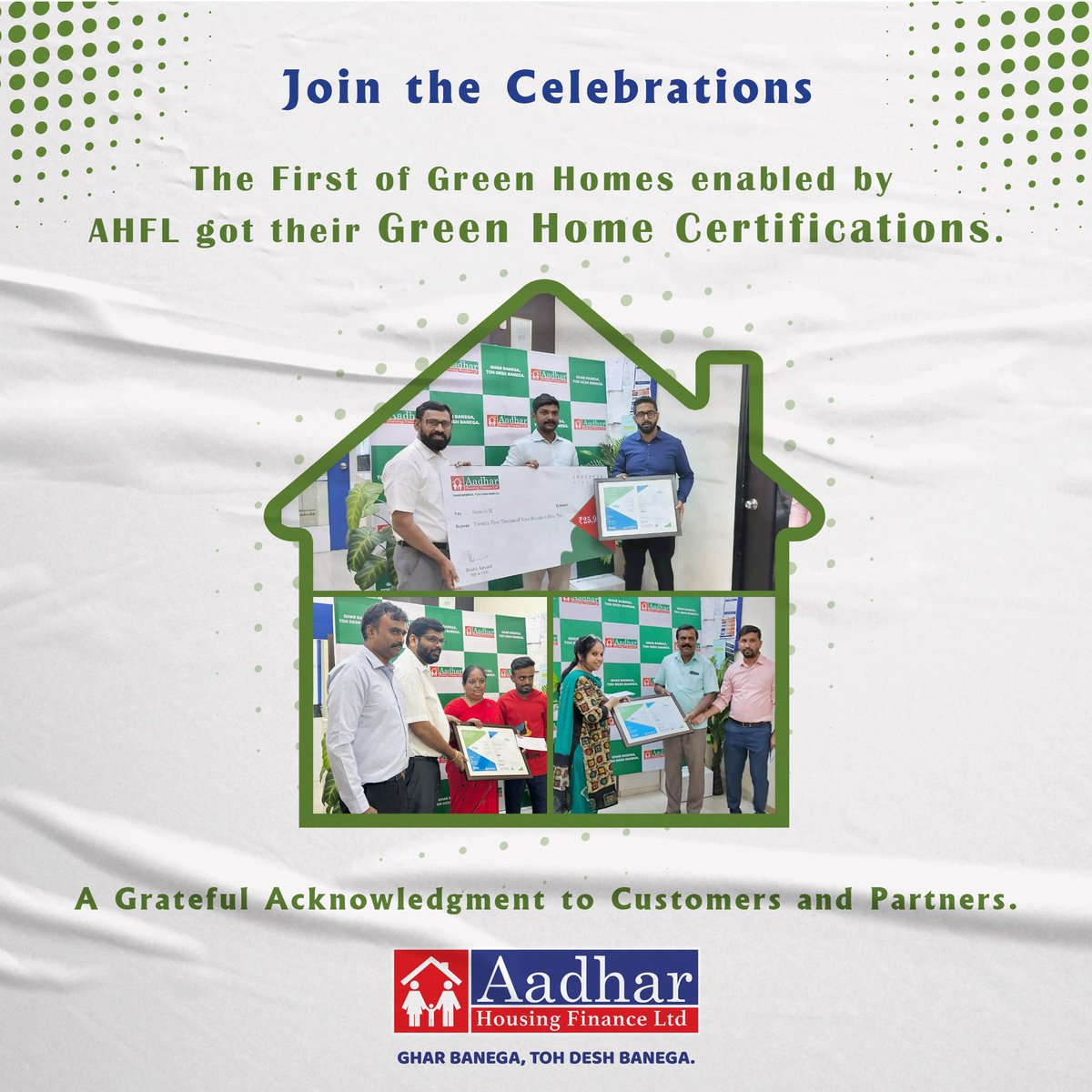 Aadhar Housing Finance celebrates those who embrace green housing with exclusive certification in Bengaluru. 

Your noble decision will help the nation envision a greener tomorrow.

#AadharHousingFinance #GreenHousing #GreenHouseCertification 
#Achievement #GreenHomes