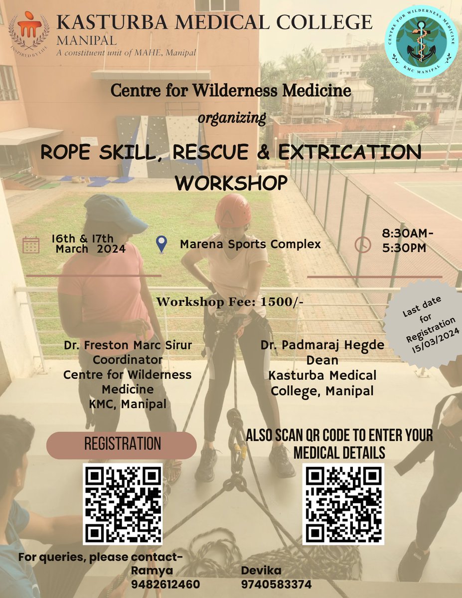 Rope skill, Rescue, and Extrication workshop organized by the Centre for Wilderness Medicine, KMC on 16th March 2024 and 17th March 2024 .. Registration link for workshop : zurl.co/aB3L