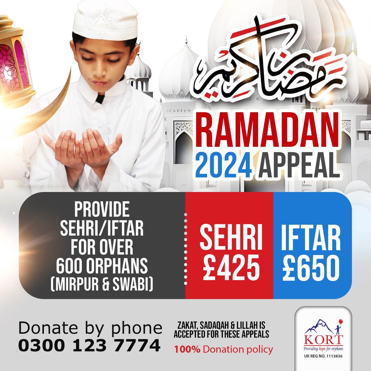 Kort_org_uk's tweet photo. This is your opportunity to book an Ifthar or Sehri at KORT for Mirpur and Swabi campus orphans during the month of Ramadan. 
You can only book via our UK office at 03001237774 from 9am Tomorrow ( Friday ) Morning. First book basis only. No booking will be accepted via email. https://t.co/NpnsVx96xK