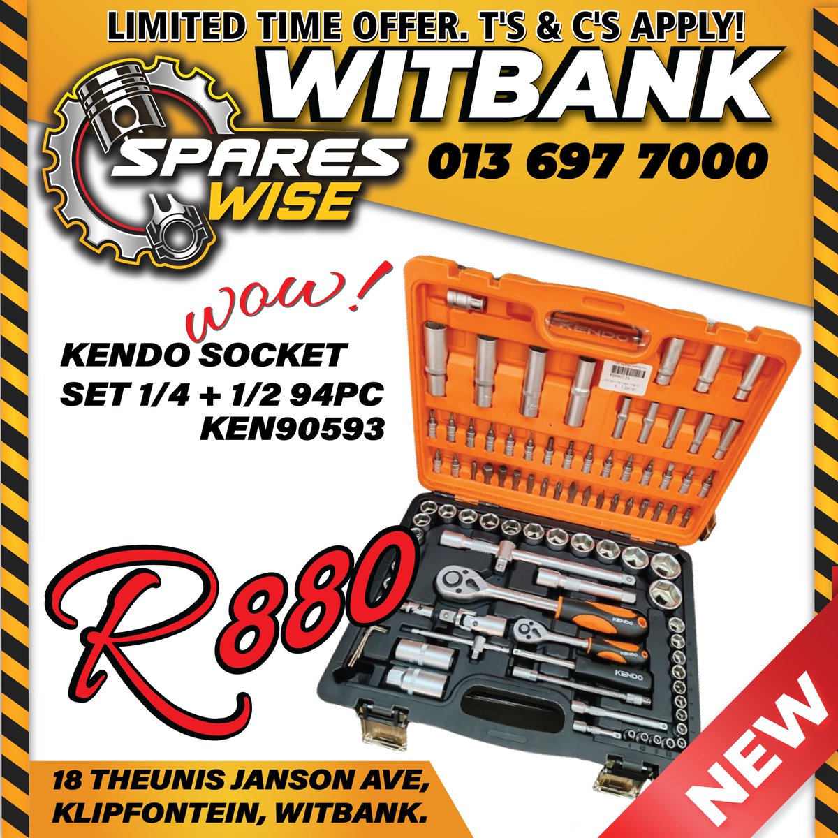 spareswisewtb's tweet image. NEW!! Kendo Socket Set 1/4 +1/2 94pc ONLY R880.00!
Get it now!
Limited Time offer. T&apos;s &amp;amp; C&apos;s Apply.

#NEW #Kendo #SocketSet #DIY #Tools #Sockets #SparesWise #Witbank