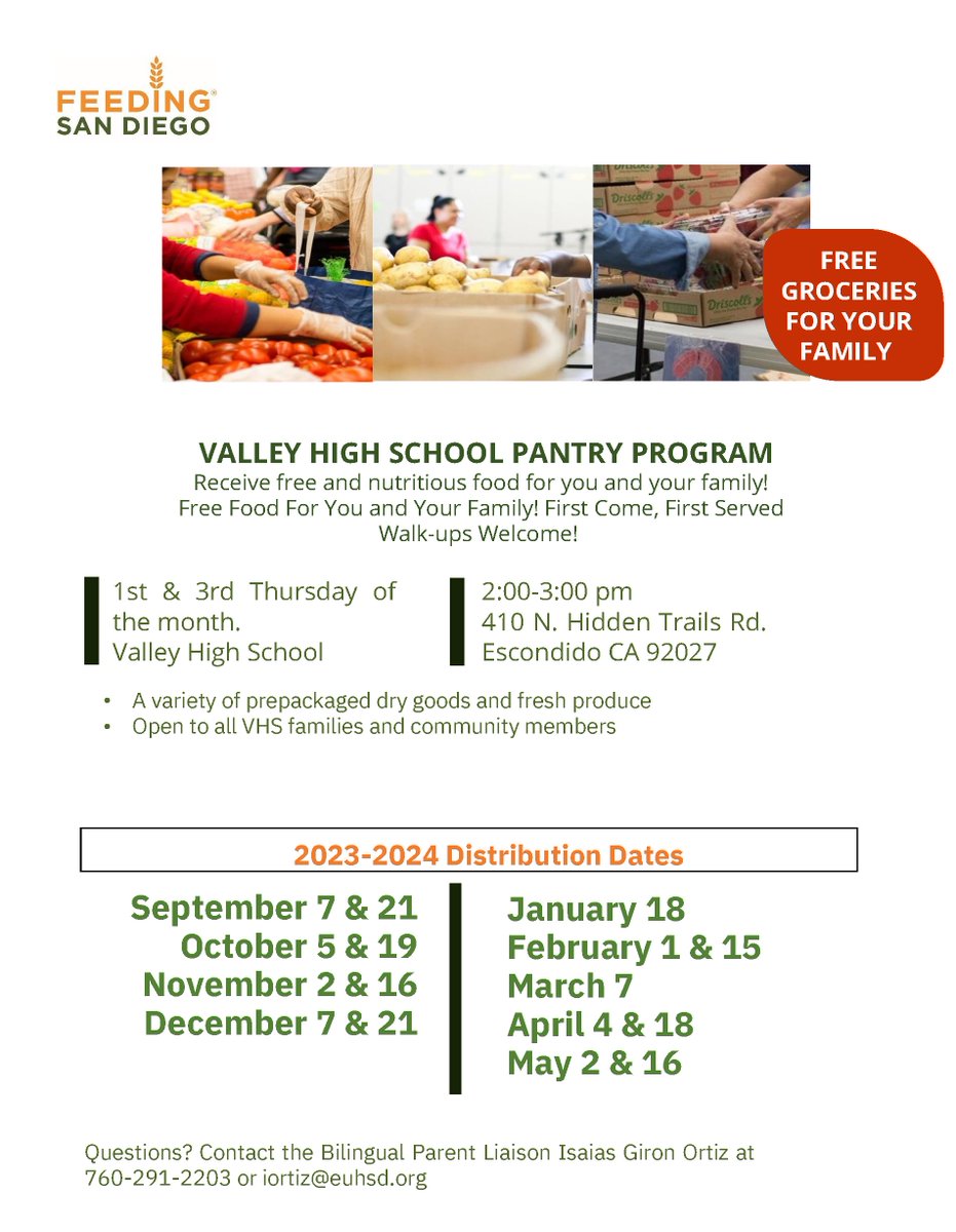 Get free and healthy food for yourself and your family! Join @FeedingSanDiego's event tomorrow, April 4, at Valley High School starting from 2:00 p.m. – 3:00 p.m. Be sure to participate in the remaining scheduled events of the school year. @vhsgrizzlies