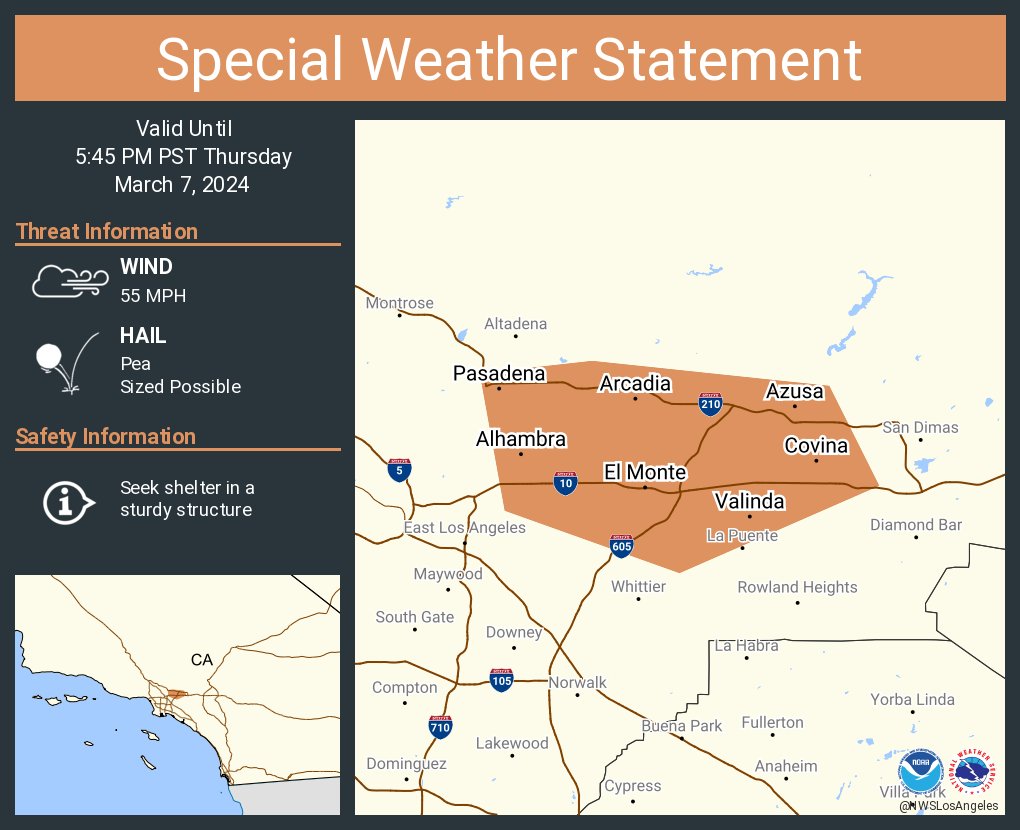 A special weather statement has been issued for Pasadena CA, El Monte CA and West Covina CA until 5:45 PM PST
