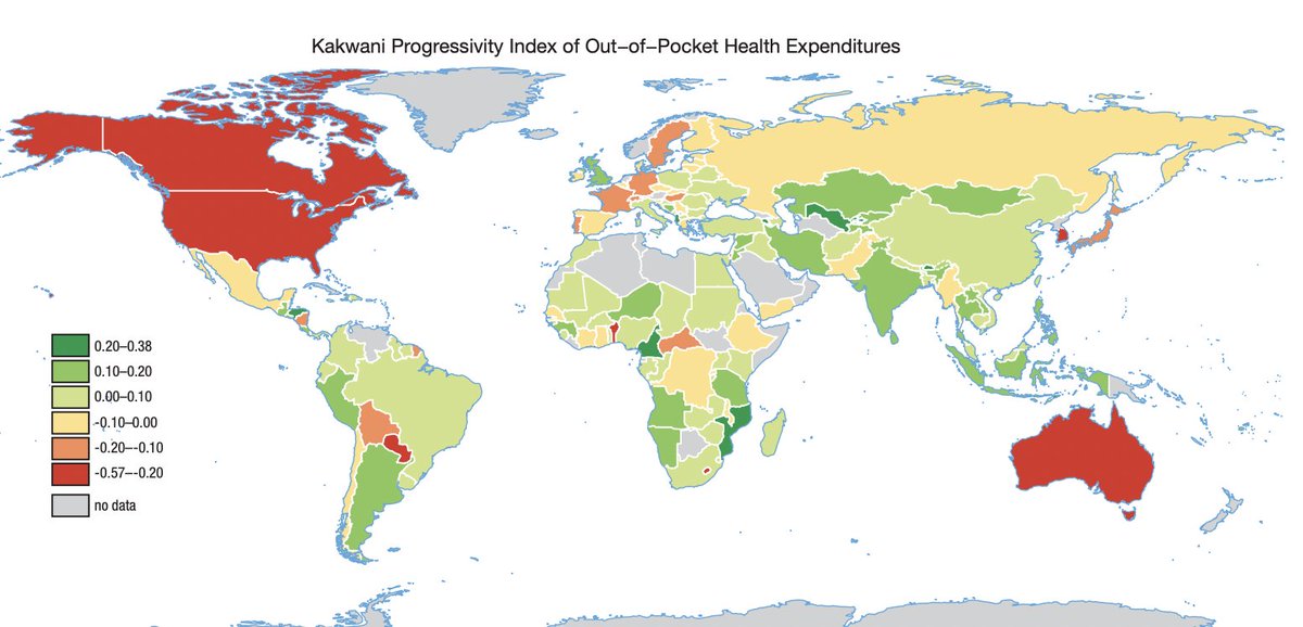 Progressivity within countries -- i.e., whether the poor spend more or less on health than the rich as a share of their budget -- yields a very different map, of course. (Red is not good, I'm afraid.)