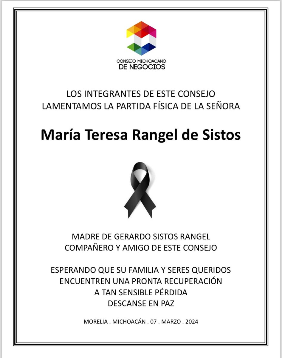 consejomn's tweet photo. QEPD Maria Teresa Rangel de Sistos madre de nuestro compañero y amigo Gerardo Sistos Rangel. https://t.co/jyMvcrcfxR
