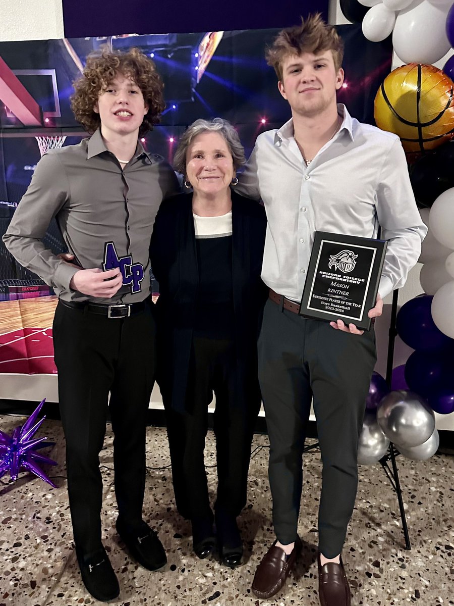 Super proud of these two pictured with their Number 1 Fan, ‘Grammy!’ At the @ACPKnightsHoops Basketball Banquet last night Chase earned his first varsity letter and @MasonKintner12 was named Arizona College Prep 2023-24 Defensive POY. (He prides himself on his defense!) They’ve