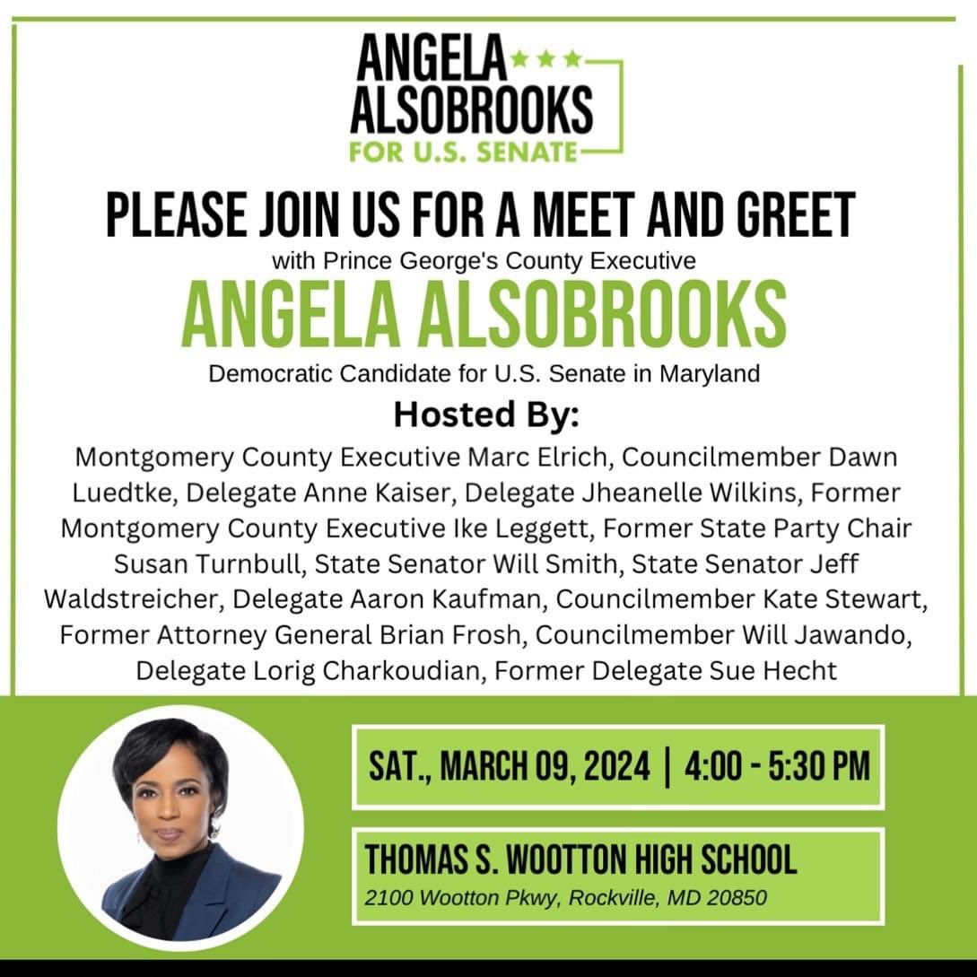 Join me and a lot of great Democrats at a meet and greet with @AlsobrooksForMD at Wootton High School on Saturday, March 9 from 4 - 5:30 p.m.! mobilize.us/angelaalsobroo…