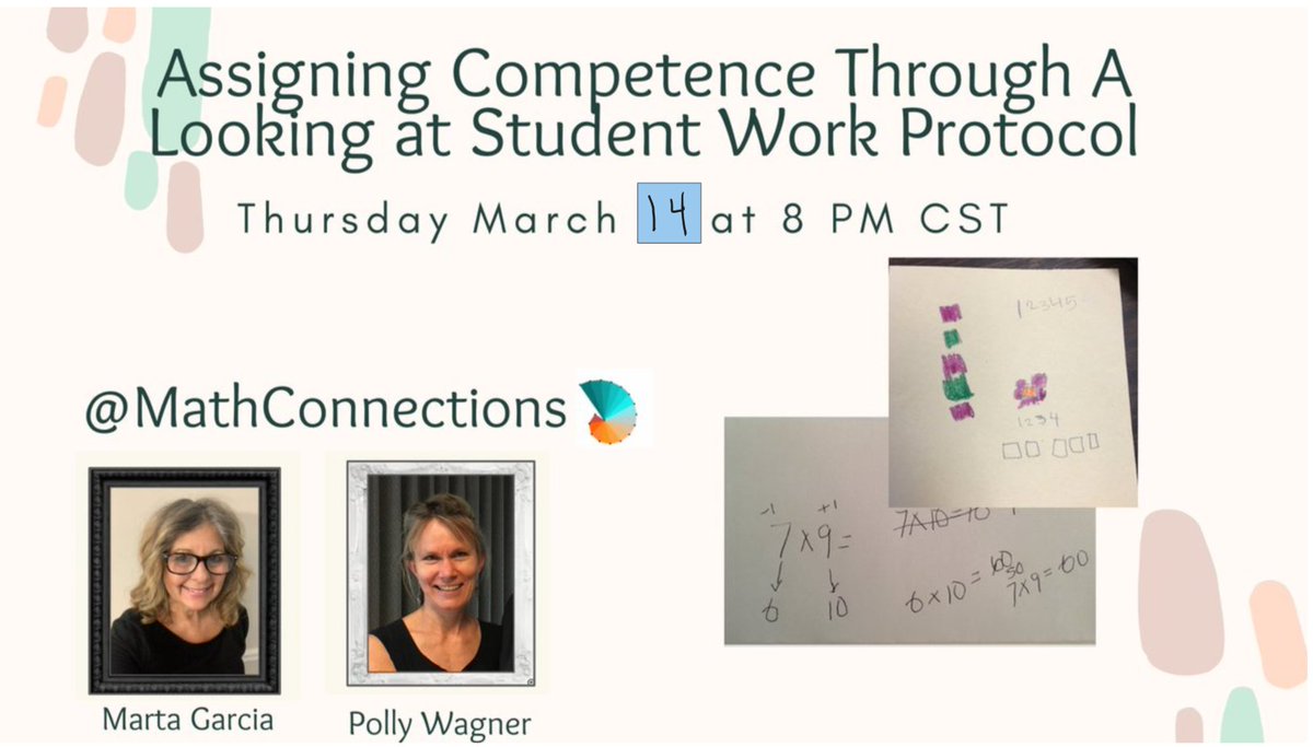 Please join the #ElemMathChat conversation when Marta Garcia @martagarcia0901 and Polly Wagner @pwagnerivy lead 'Assigning Competence Through A Looking at Student Work Protocol.' March 14th, 8pm CST Bring a friend! #ElemMathChat