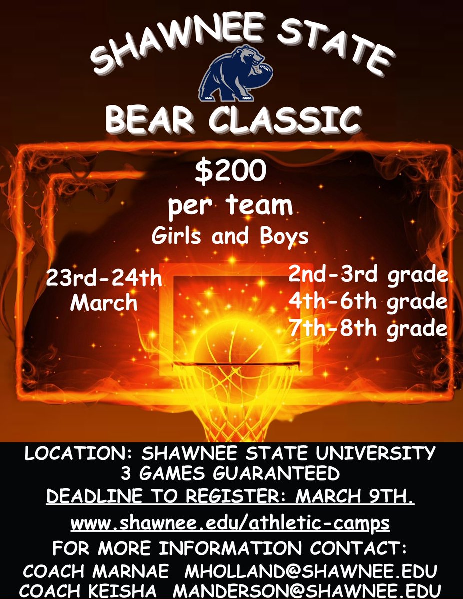 SSUWBB's tweet image. Looking for a tournament for your team this month?? The deadline for the Bear Classic is coming up soon. We still looking for a few more teams in each age bracket. Reach out to Coach Marnae and Coach Keisha today to reserve your team's spot. We guarantee 3 games and a good time.