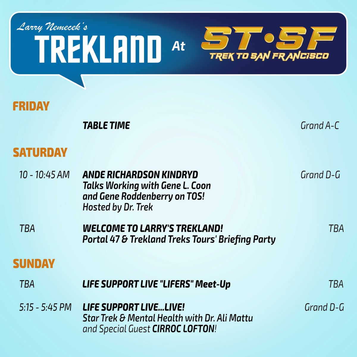 larrynemecek's tweet photo. Catch me, Gene Coon's TOS assistant @akindryd, and @AliMattu this weekend at @CreationEnt #STSF! If you're there, stop by and say HI, and watch this space for more info on meetup times and locations!
#startrek #lifesupportlive #trekland #drtrek #cirroclofton https://t.co/ZzTpY3M7hp