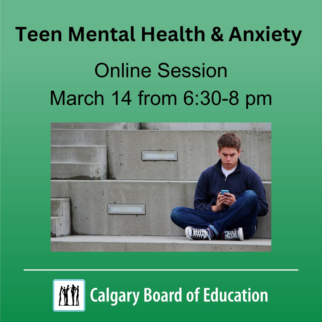 Our next session in the Child and Youth Well-Being Series will include a discussion on mental health and anxiety in teens on Wednesday, March 14 from 6:30-8 p.m. Learn more and join the session: ow.ly/Bkpw50QO6kC #WeAreCBE