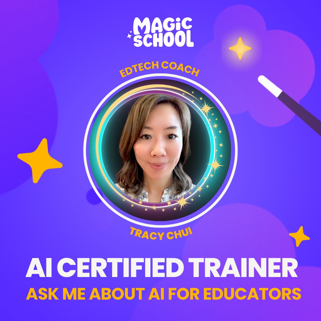 I am proud to share I am now an AI Certified Trainer with MagicSchool, the leading AI platform in education. Ask me about AI for educators and schedule a training!#MagicSchool #edtech