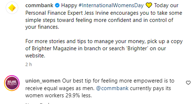 Don't let @CommBank convince you that you're bad with money. It's structural babe - join your union and fight for wage justice! #IWD2024