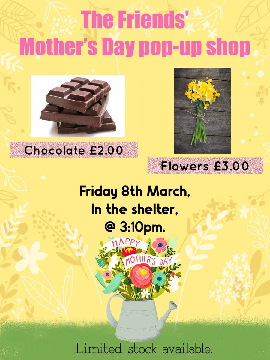 amylou1987's tweet photo. @LittledeanSch A reminder that The Friends’ will be hosting their Mother’s Day pop-up shop today. As well as beautiful flowers and delicious chocolate we’ll also have a small selection of other items available to purchase. 😊🍫🌼 See you straight after school, in the shelter. https://t.co/4KjlB5it7L