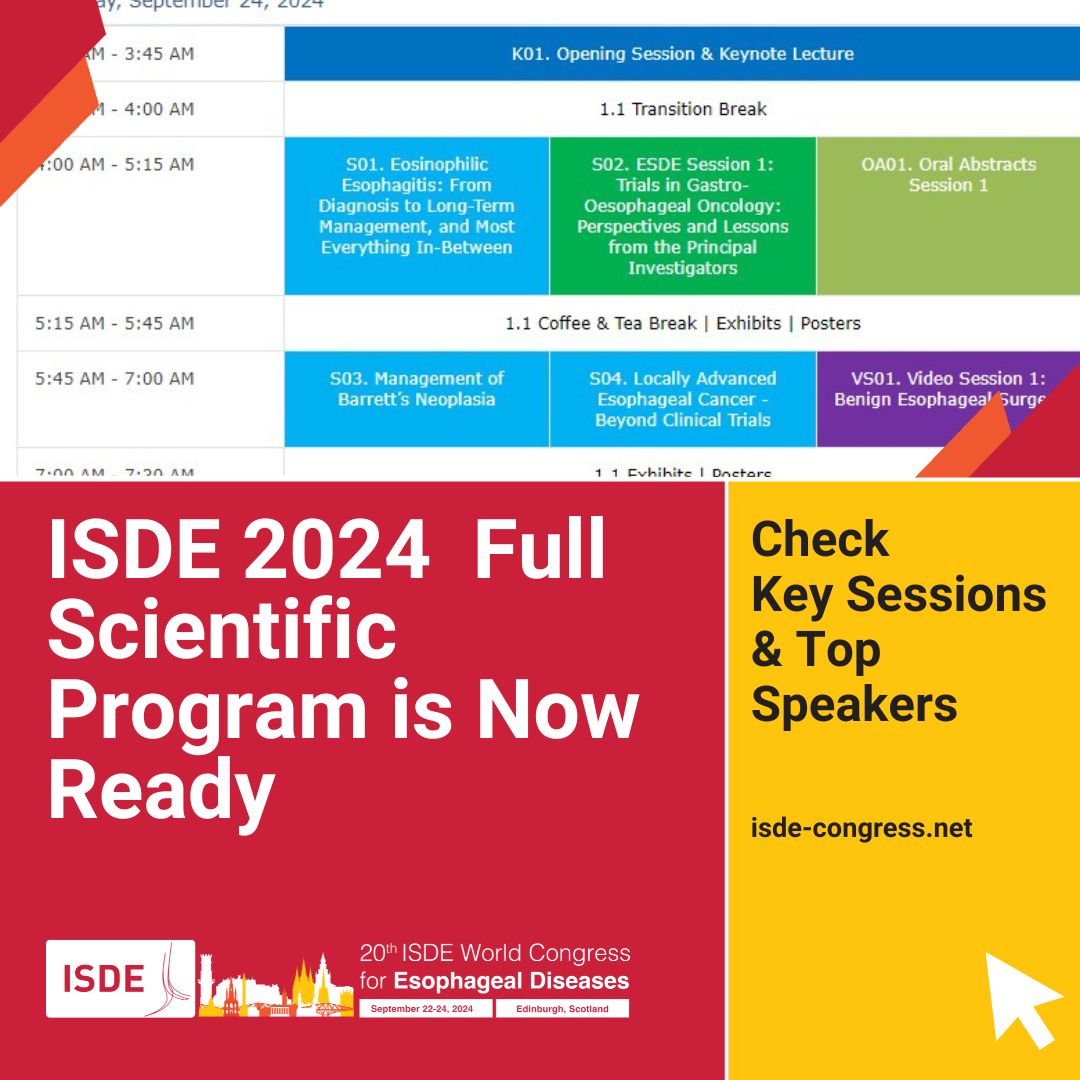 Exciting announcement!🌟The #ISDE2024 Full Scientific Program is officially available! Explore the program schedule and learn more about the speakers, their presentations and sessions by visiting our website at isde-congress.net/program-at-a-g… #EsophagealHealth #esophagus #esophageal