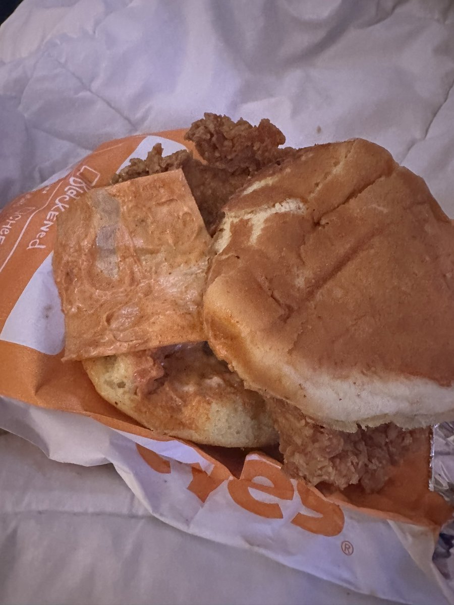infamousbee_'s tweet photo. Yo @Popeyes what the hell even is this in my spicy chicken sandwich?!? This is ridiculous, food overpriced as is and for yall to hand out food like this?! https://t.co/0hVeEaCN6K