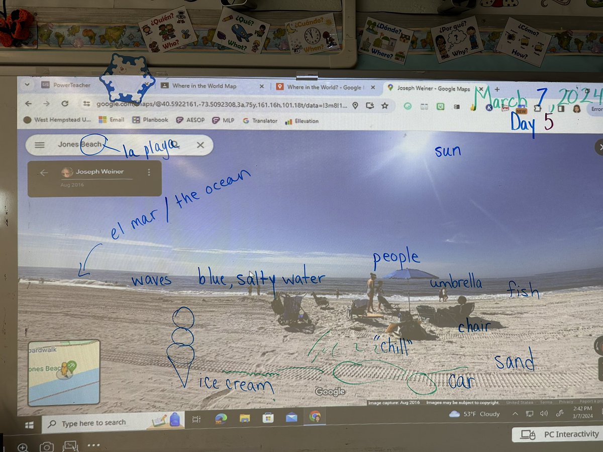 MsQuagliata's tweet photo. Today, two additional students began our “Where in the World?” Project by looking at vacation spots they like to visit with their families. We used the Picture Word Inductive Model to build vocabulary during our discussion. 🌊🛝 @WH_ENL @WhufsdRams https://t.co/D6mxSsHnWJ