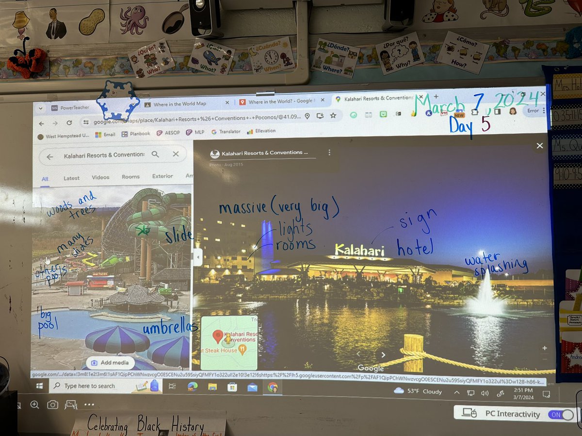 Today, two additional students began our “Where in the World?” Project by looking at vacation spots they like to visit with their families. We used the Picture Word Inductive Model to build vocabulary during our discussion. 🌊🛝 @WH_ENL @WhufsdRams