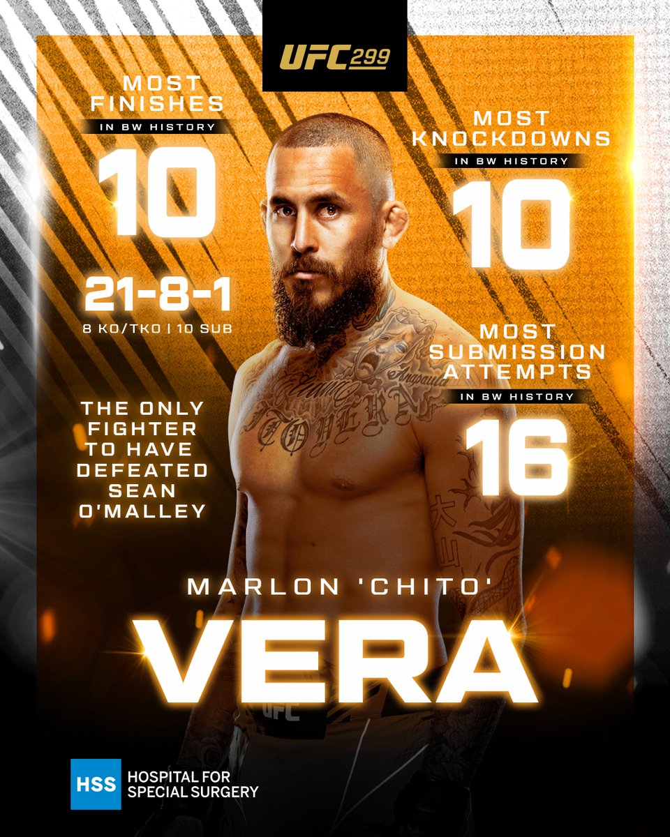ufc's tweet photo. Your bantamweight battle by the numbers 📊

@SugaSeanMMA vs @ChitoVeraUFC 2

B2YB @HSpecialSurgery | #UFC299 https://t.co/Qui566SAVY