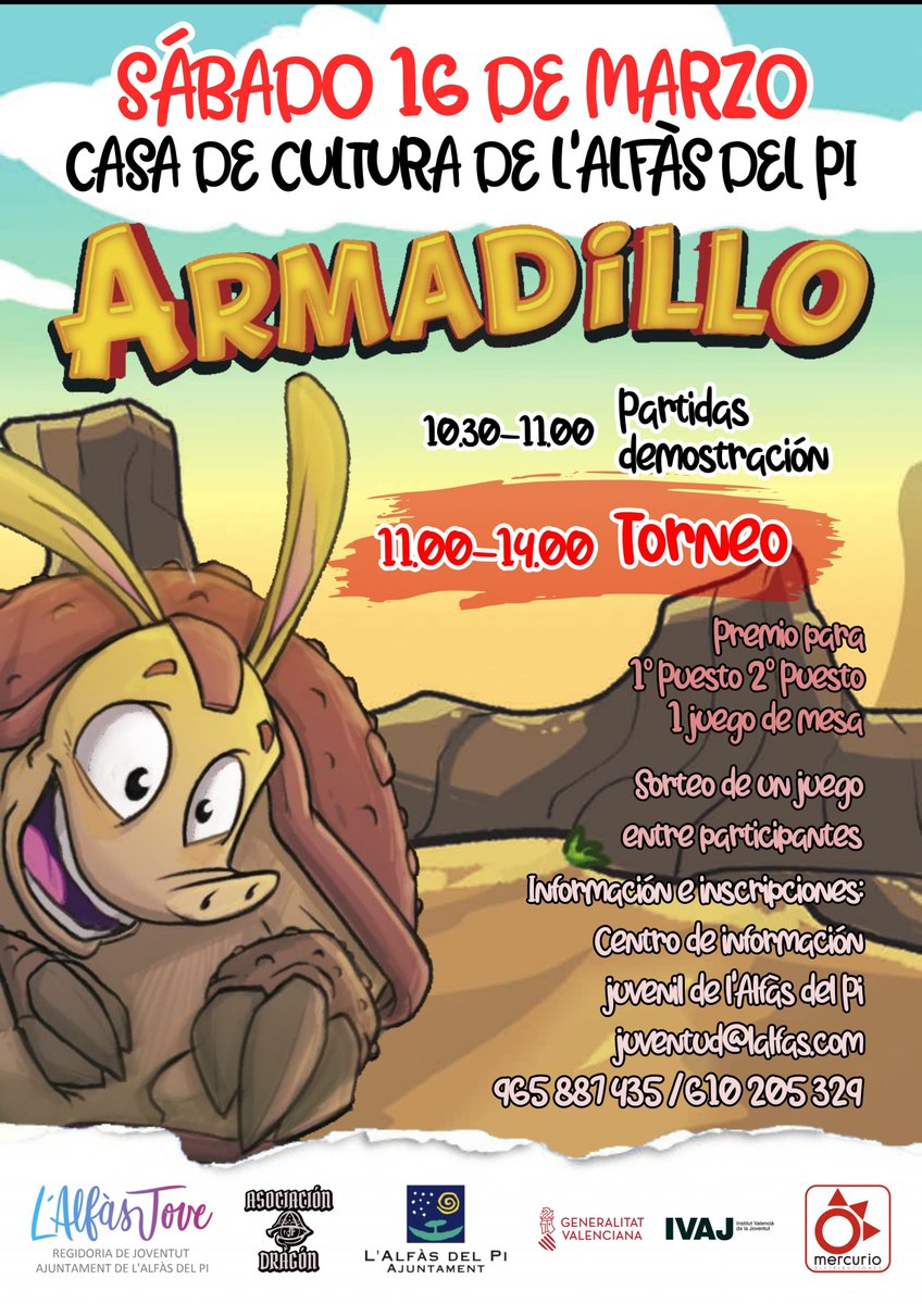 El próximo sábado día 16 de marzo organizamos un torneo del juego de mesa #Armadillo 
En la casa de cultura de Alfaz del Pi (Alicante). Plazas limitadas, inscripción por aquí:
forms.gle/Ppk3KQsjxY8uqg…