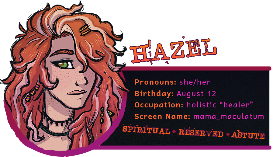 FiendishFiction's tweet photo. Hazel (she/her) - An easygoing plant mom with a cool green aura. When she's not tending to her many treasured saplings, Hazel runs a pagan apothecary where she sells incense, candles, potions, gemstones, and many more curios to satiate all your Wiccan witchcraft whims. https://t.co/aIOeeXXxRR