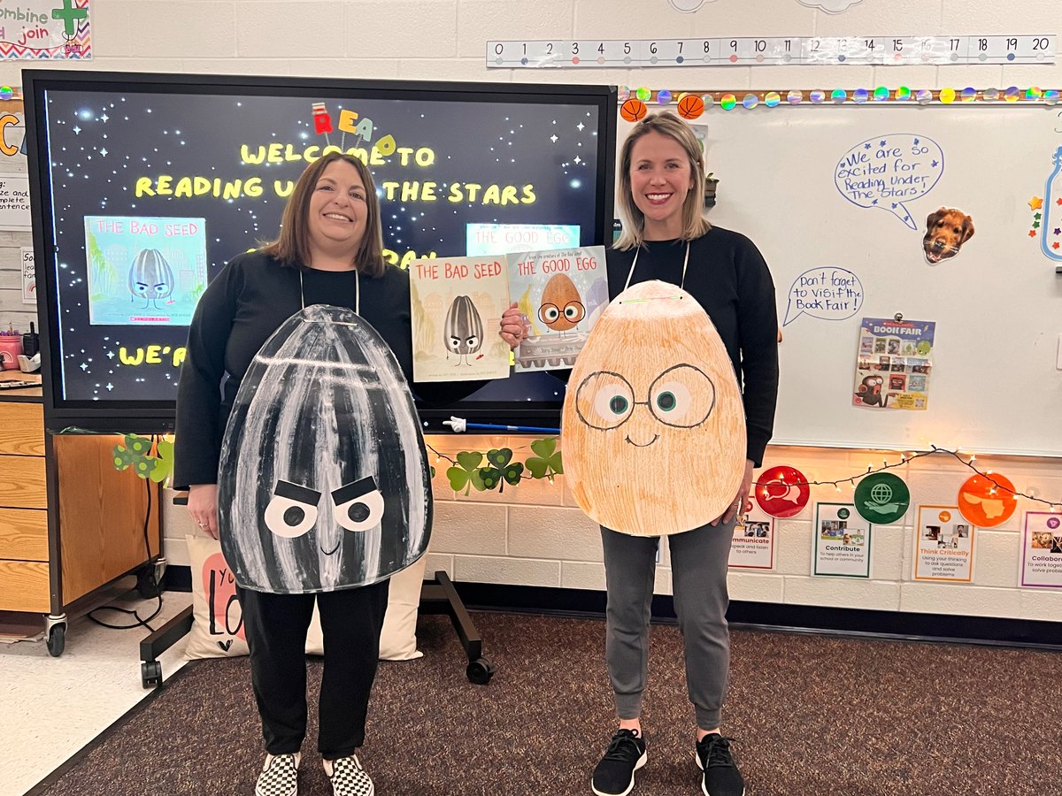 ChrissyReddan's tweet photo. What an amazing evening at Reading Under the Stars! Our phenomenal reading team brought back this beloved tradition and it did not disappoint. My work bestie, @jfishmancce12 and I loved reading some Jory John favs! #thebadseed #thegoodegg  @Colts_CCE https://t.co/axppibZEgC