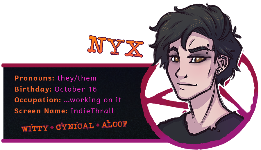 FiendishFiction's tweet photo. Nyx (they/them) - A chill indie rock enthusiast with a laid back attitude and a caffeine addiction. Please note - they're not unemployed, they're just busy building their music career. Self-promo is a full-time job. Duh. https://t.co/c8oucSFNCn