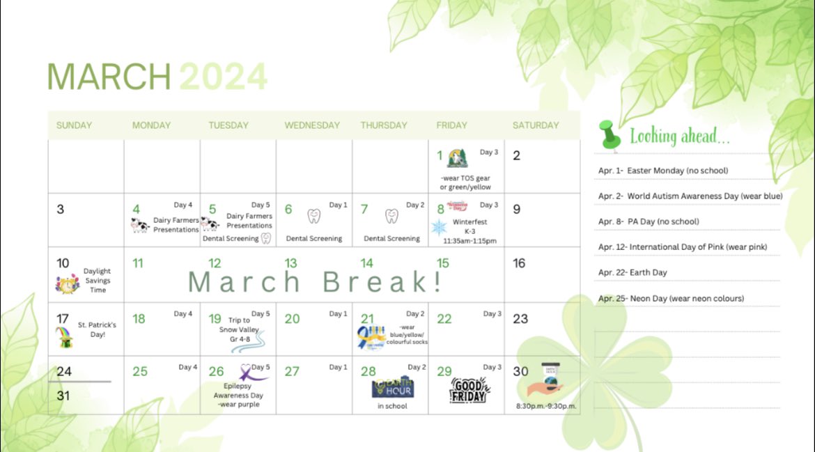 March calendar 🍀