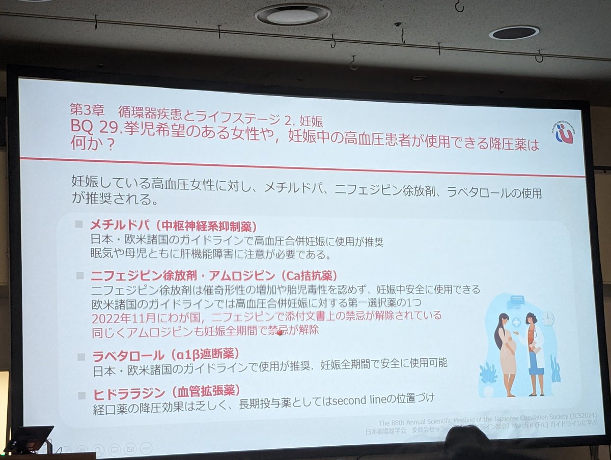 Dr_ppooohh's tweet photo. ■妊婦に使用可能な降圧薬
✅ニフェジピンやアムロジピンは禁忌が解除された
➡しかし、未だに浸透されきっていないので再度確認する目的で記載
とのこと

ニフェジピン（アダラート）とアムロジピン（ノルバスク）は妊婦に使えるよ、みんな！！
#24JCS https://t.co/VOqVmVTnQE