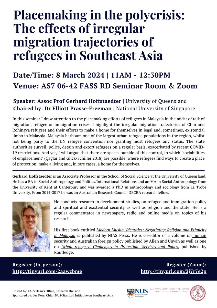 More ramblings from me about the book I am writing:
'Placemaking in the polycrisis: The effects of irregular migration trajectories of refugees in Southeast Asia'
today <a href="/NUSingapore/">NUS</a> <a href="/FASSNews/">FASS</a> 
fass.nus.edu.sg/events/placema…
