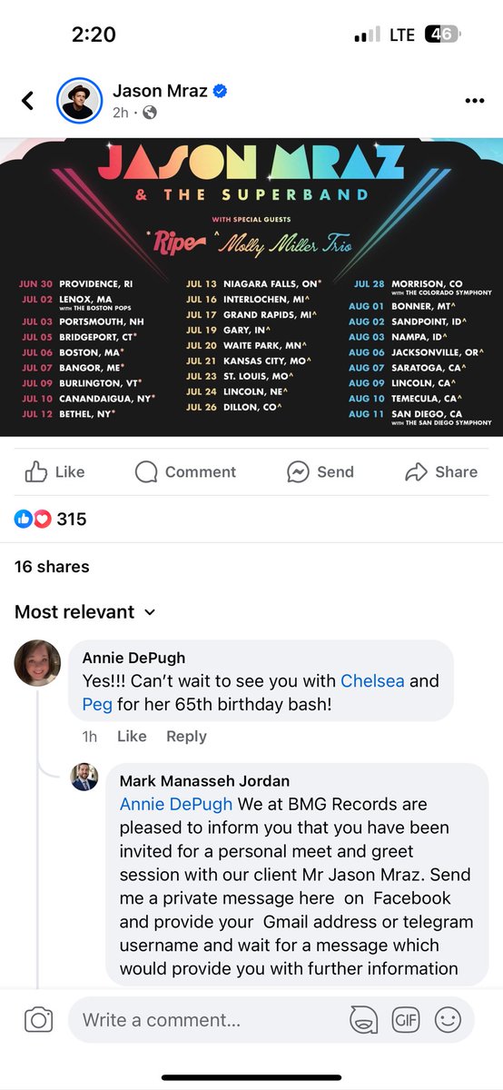 ABishTresFab's tweet photo. Day 22 of asking to meet my Mom’s dream celebrity July 10 in Canandaigua

Despite this apparently fake 😭😭😭 offering @wishforbish and #IWONTGIVEUP on getting the same offer for our Mom’s 65th this summer! @jason_mraz https://t.co/pSNT9li3XT