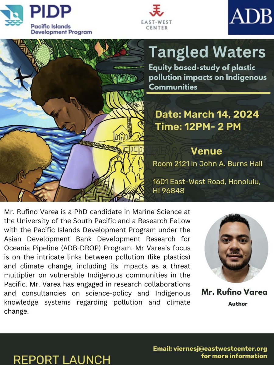 Join us next week, March 14, as ADB-DROP Fellow <a href="/rufino_varea/">𝗥𝘂𝗳𝗶𝗻𝗼 𝗩𝗮𝗿𝗲𝗮</a> presents “Tangled Waters: Equity-Based Study of Plastic Pollution Impacts on Indigenous Communities.”

#PacificResearch #ADB #PlasticPollution