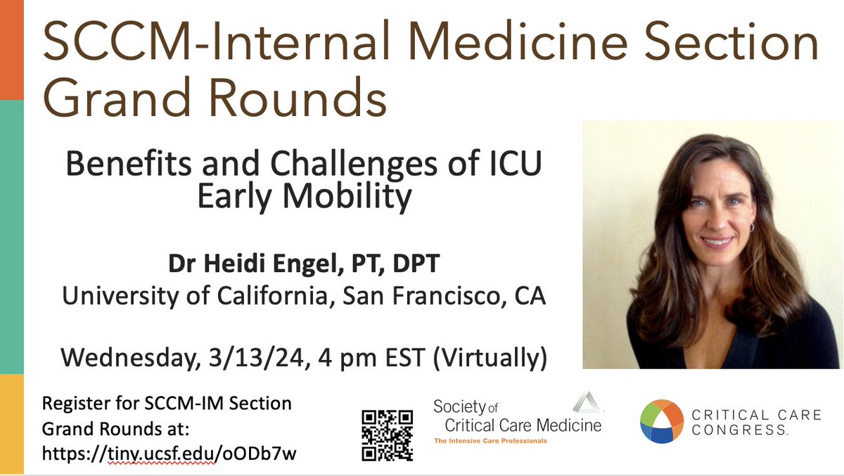 Presenting @HeidiEngel4 for @SCCM_IM Grand Rounds on 3/13/24 4 pm EST! Excited to hear about the 'Benefits and Challenges of ICU Early Mobility.' @ucsfccm @UCSFHospitals @SCCM #ABCEDFBundle #Move