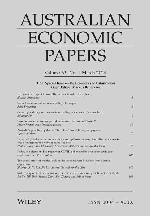Out now: The latest issue of Australian Economic Papers  Vol 63: March 2024

Special Issue on the Economics of Catastrophes!

onlinelibrary.wiley.com/toc/14678454/2…

@RachelOngViforJ
@ProfMNHarris 
@bethany_cooper2 
@ashaniamar
@WileyEconomics