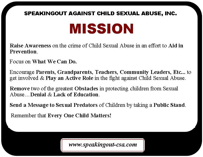SpeakingOut was founded March 7, 2008. We have been SpeakingOut against Child Sexual Abuse for 16 years at this point. And we will continue...for the children.