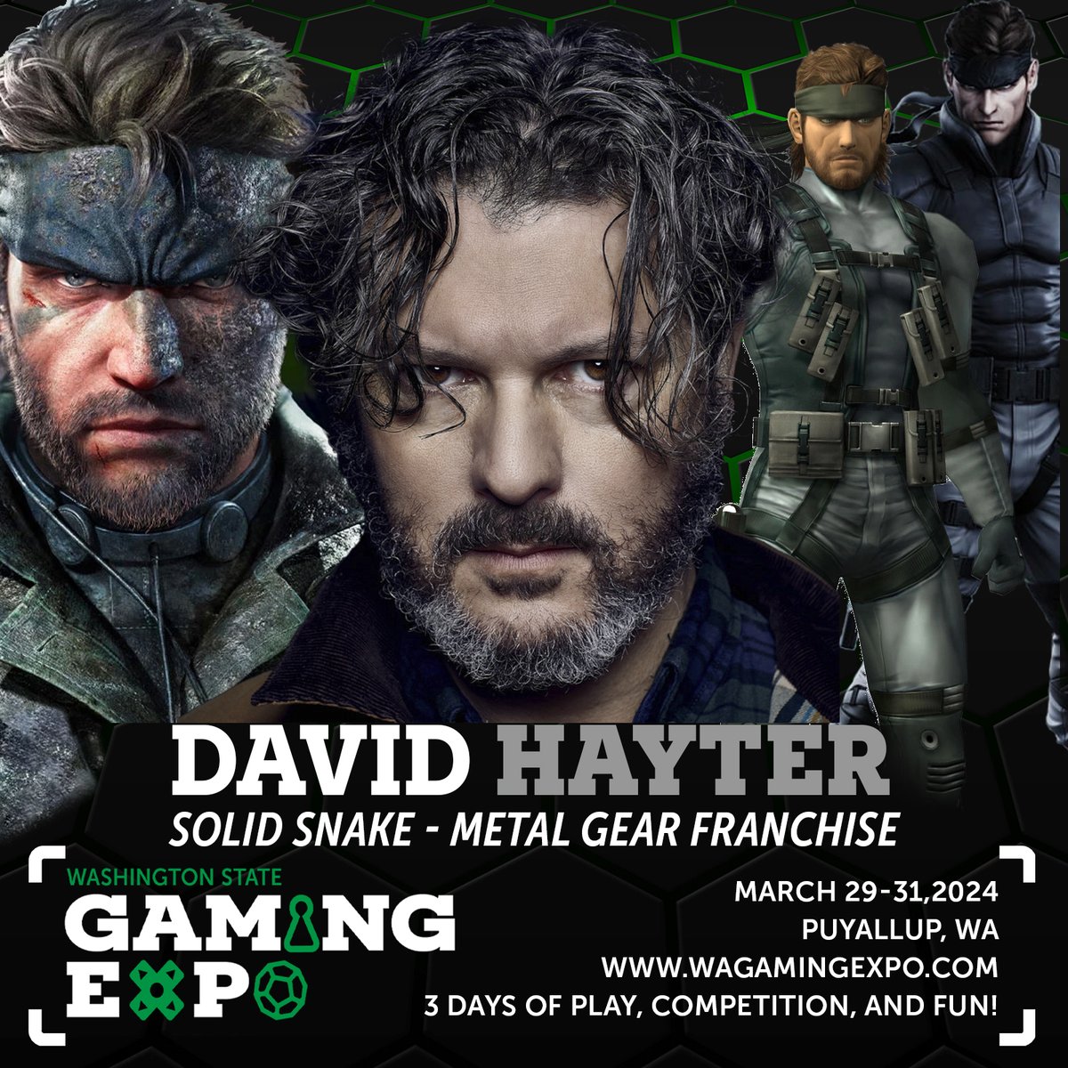 Our final celebrity guest voices one of the most iconic protagonists in video game history. Please welcome the voice behind Solid Snake, David Hayter, to the Washington State Gaming Expo in Puyallup from March 29-31, 2024. Get your tickets now: wagamingexpo.com